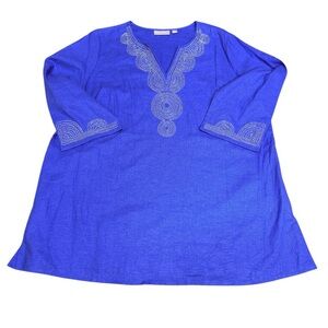 Bellisima Blue Breezy Casual Linen Silver Embellishment Embroidered Tunic Top